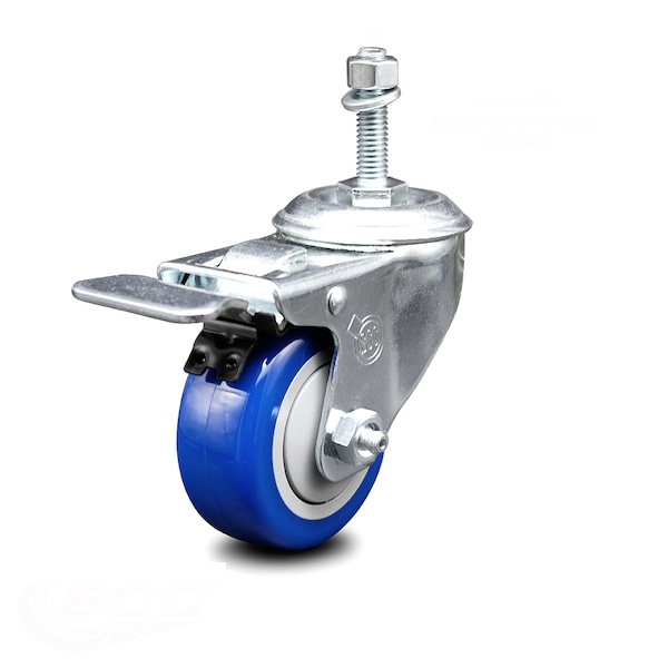 Service Caster 3.5 Inch Blue Polyurethane Swivel 3/8 Inch Stem Caster with Total Lock Brake SCC-TSTTL20S3514-PPUB-BLUE-381615 - main